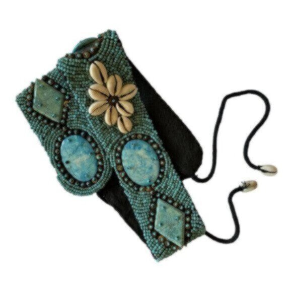 Turquoise Tribal Handmade Beaded African Cowrie Shell Tie Belt 32" - Picture 2 of 9